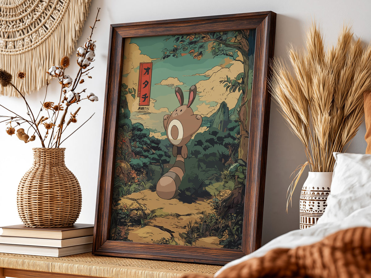 Sentret character poster in Japanese style with earthy forest background and warm muted colors