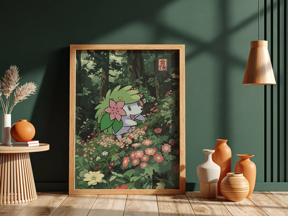 Shaymin poster with green leafy head and pink flowers in a lush forest with colorful blossoms