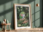 Shaymin poster with green leafy head and pink flowers in a lush forest with colorful blossoms