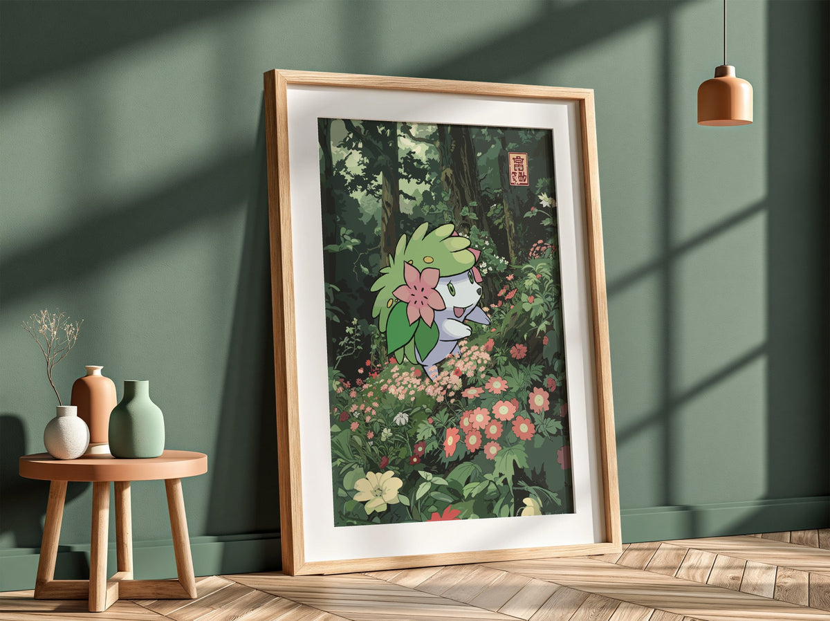 Shaymin poster with green leafy head and pink flowers in a lush forest with colorful blossoms