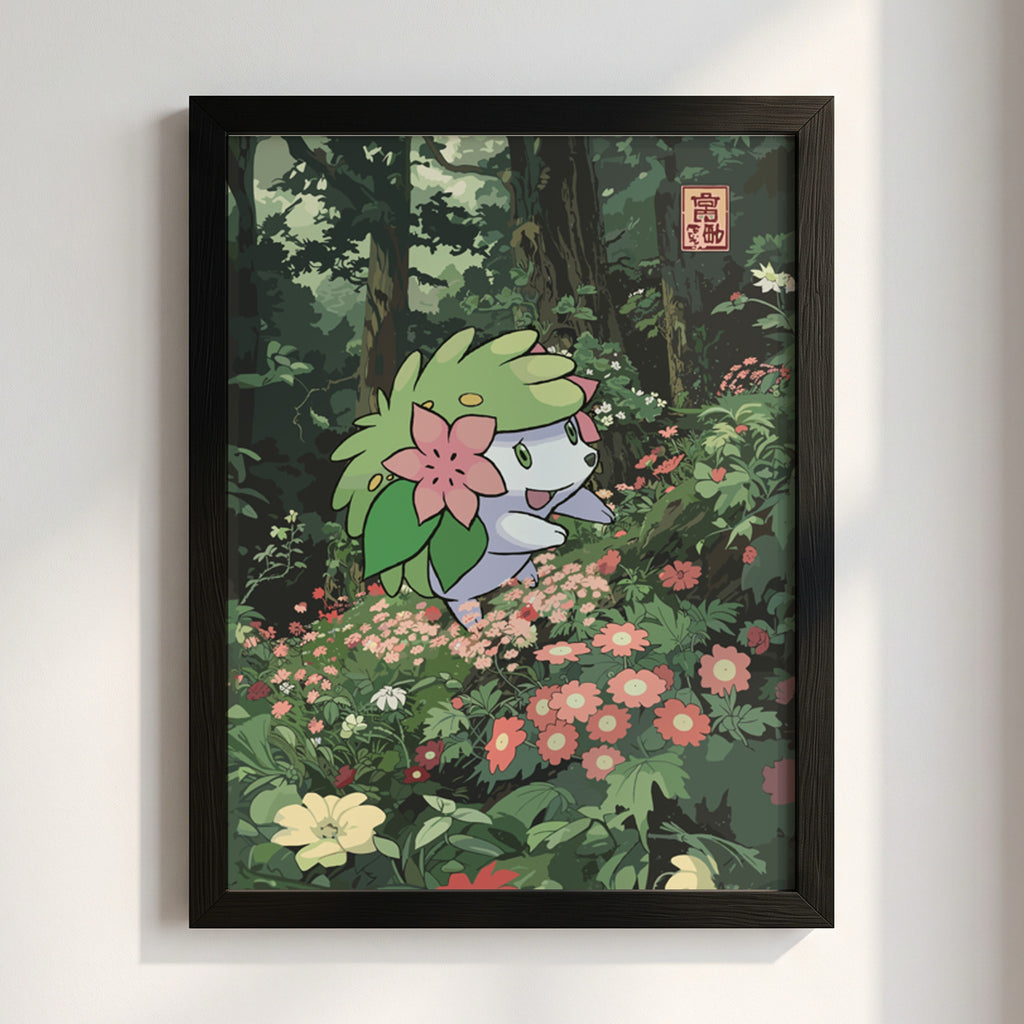 Shaymin poster with green leafy head and pink flowers in a lush forest with colorful blossoms
