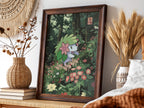 Shaymin poster with green leafy head and pink flowers in a lush forest with colorful blossoms