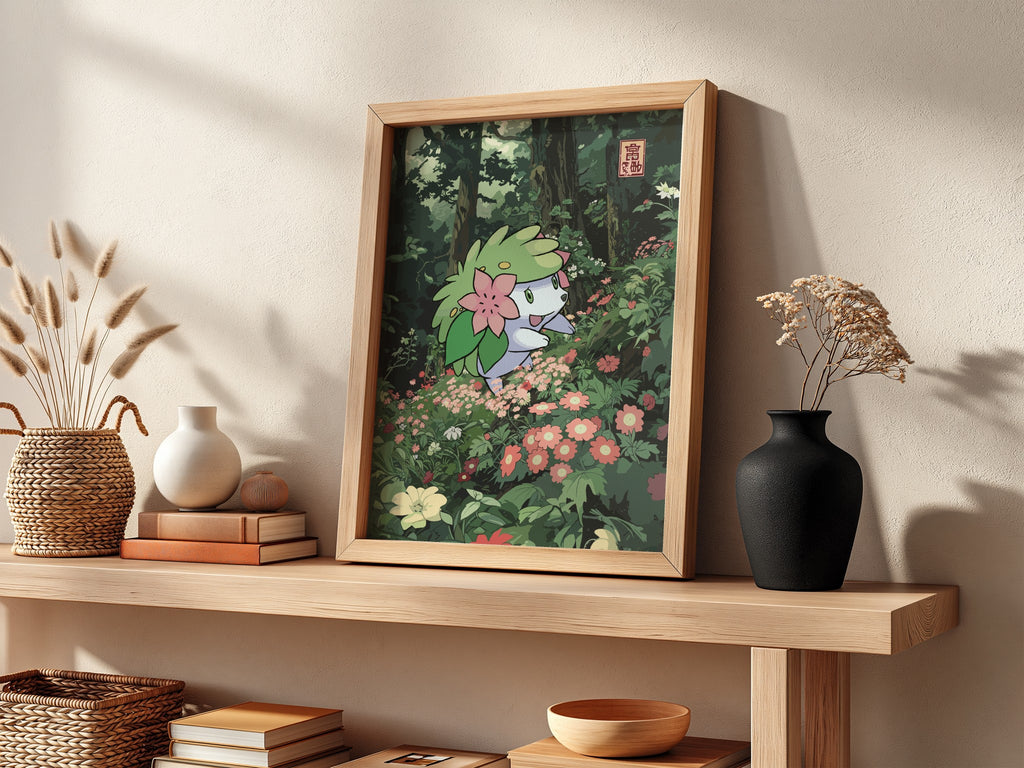 Shaymin poster with green leafy head and pink flowers in a lush forest with colorful blossoms