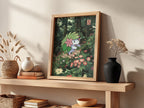 Shaymin poster with green leafy head and pink flowers in a lush forest with colorful blossoms