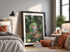 Shaymin poster with green leafy head and pink flowers in a lush forest with colorful blossoms