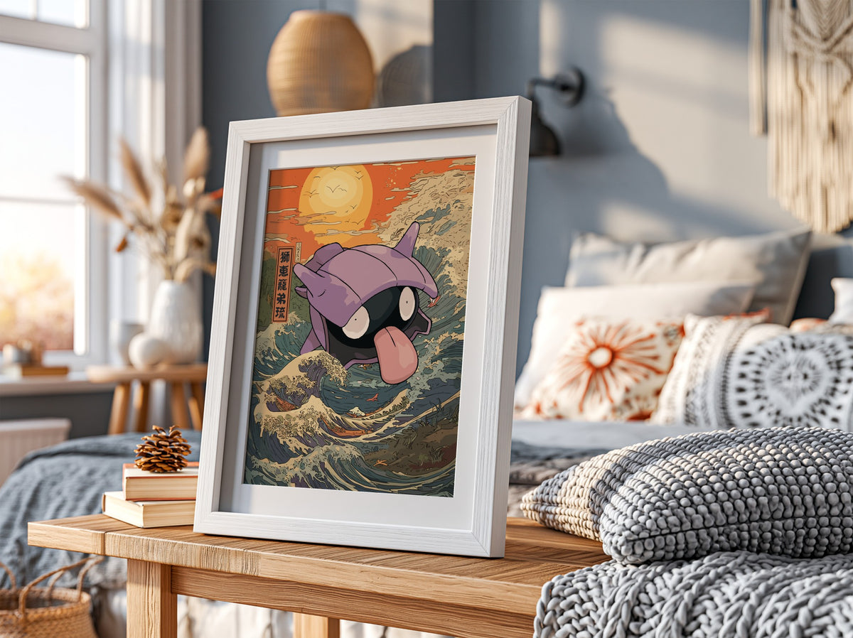 Poster of Shellder character in purple shell with tongue out against stylized blue wave and warm orange sunset