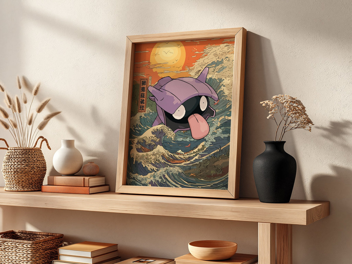 Poster of Shellder character in purple shell with tongue out against stylized blue wave and warm orange sunset