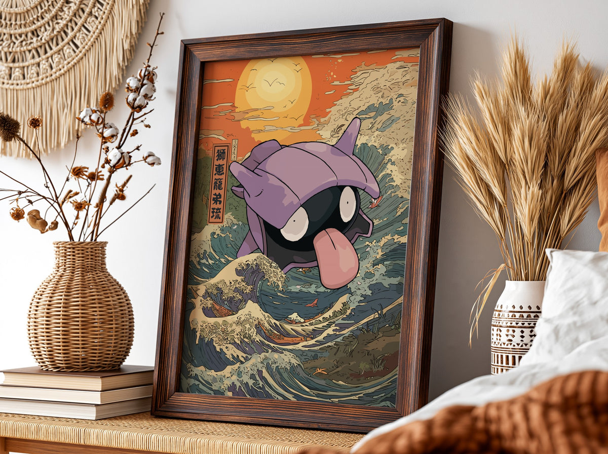 Poster of Shellder character in purple shell with tongue out against stylized blue wave and warm orange sunset