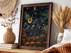 Shiny Umbreon poster with dark blue night sky, glowing stars, and orange flowers in fantasy style