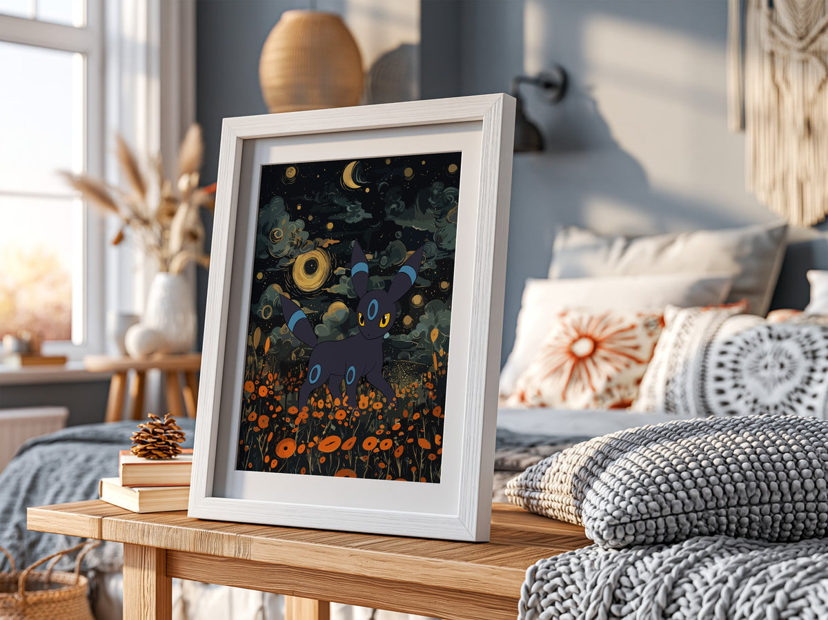 Framed shiny Umbreon poster with dark blues, orange flowers, moon and stars night scene