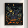 Shiny Umbreon poster with dark blue night sky, glowing stars, and orange flowers in fantasy style