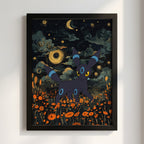 Shiny Umbreon poster with dark blue night sky, glowing stars, and orange flowers in fantasy style