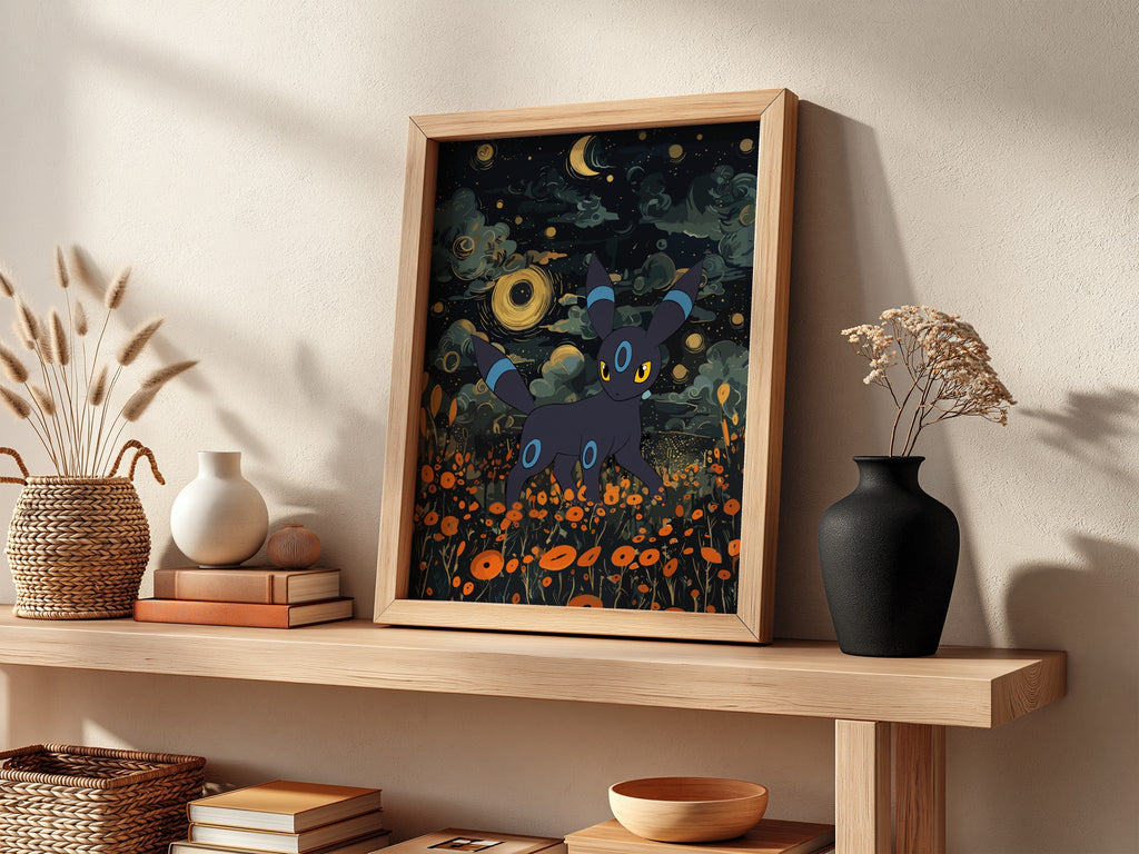 Shiny Umbreon poster with dark blue night sky, glowing stars, and orange flowers in fantasy style