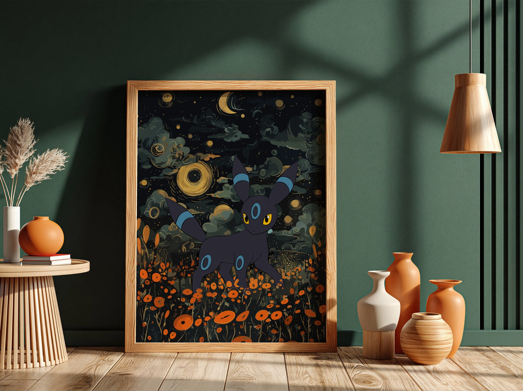 Shiny Umbreon poster with dark blue night sky, glowing stars, and orange flowers in fantasy style