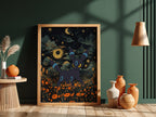 Shiny Umbreon poster with dark blue night sky, glowing stars, and orange flowers in fantasy style