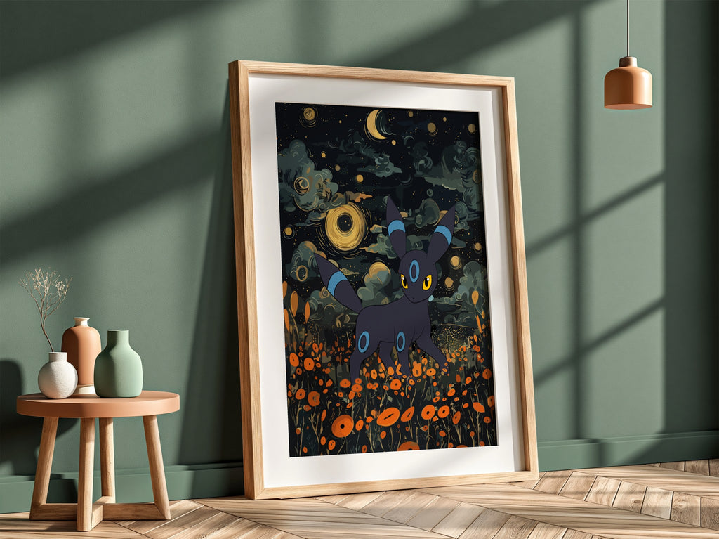 Shiny Umbreon poster with dark blue night sky, glowing stars, and orange flowers in fantasy style