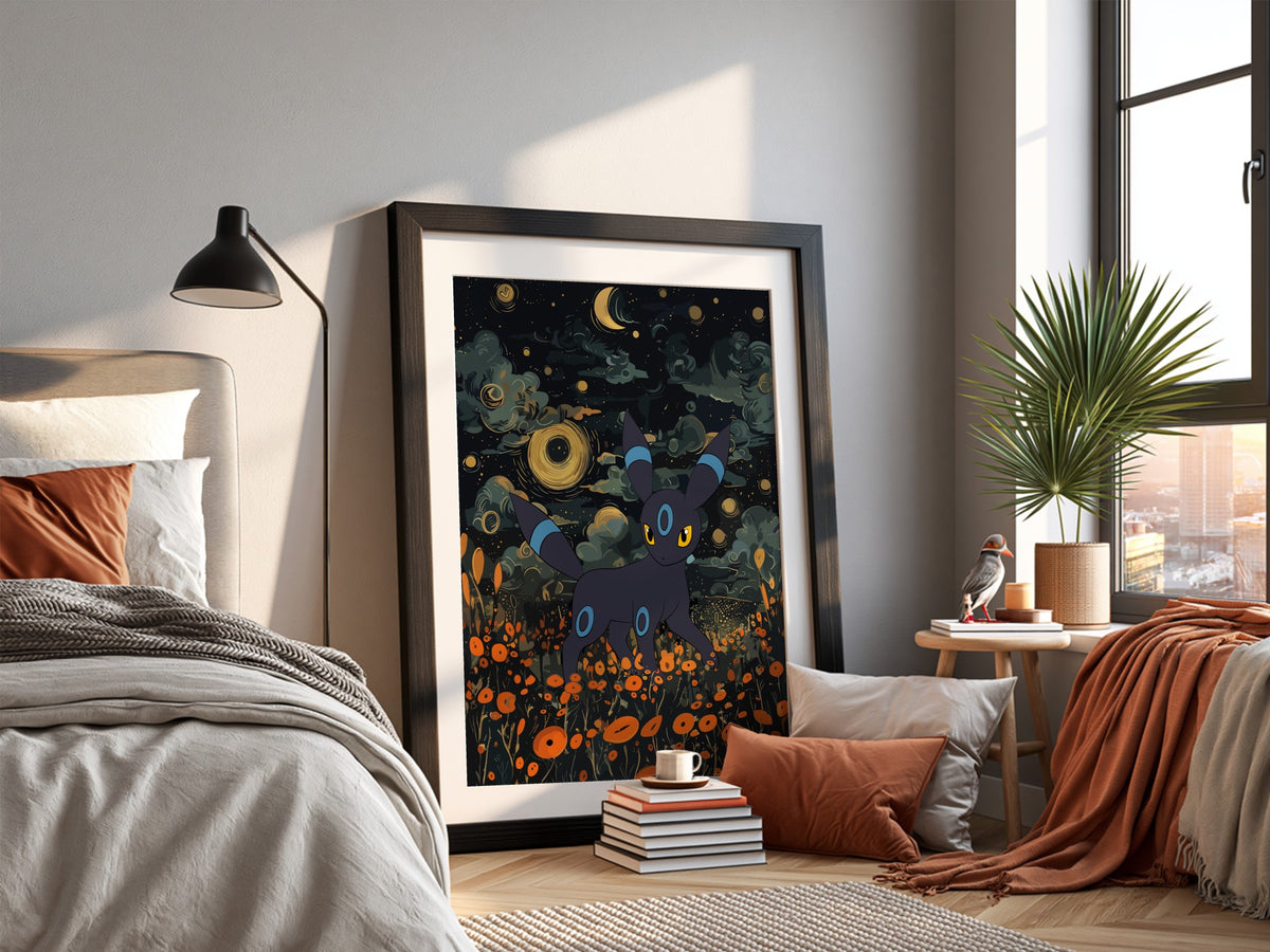 Shiny Umbreon poster with dark blue night sky, glowing stars, and orange flowers in fantasy style