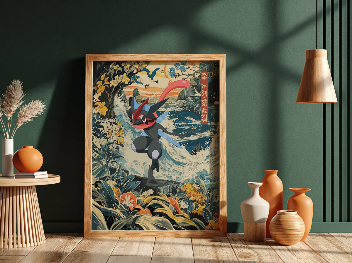Framed shiny Greninja poster with vibrant blues, orange sunset, ocean waves, and Japanese style art