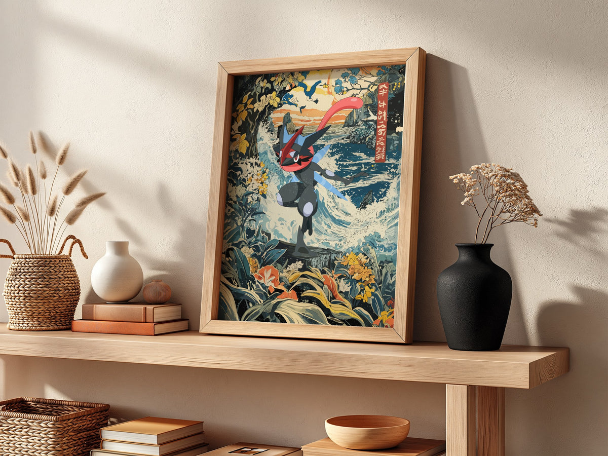 Framed shiny Greninja poster with vibrant blues, orange sunset, ocean waves, and Japanese style art