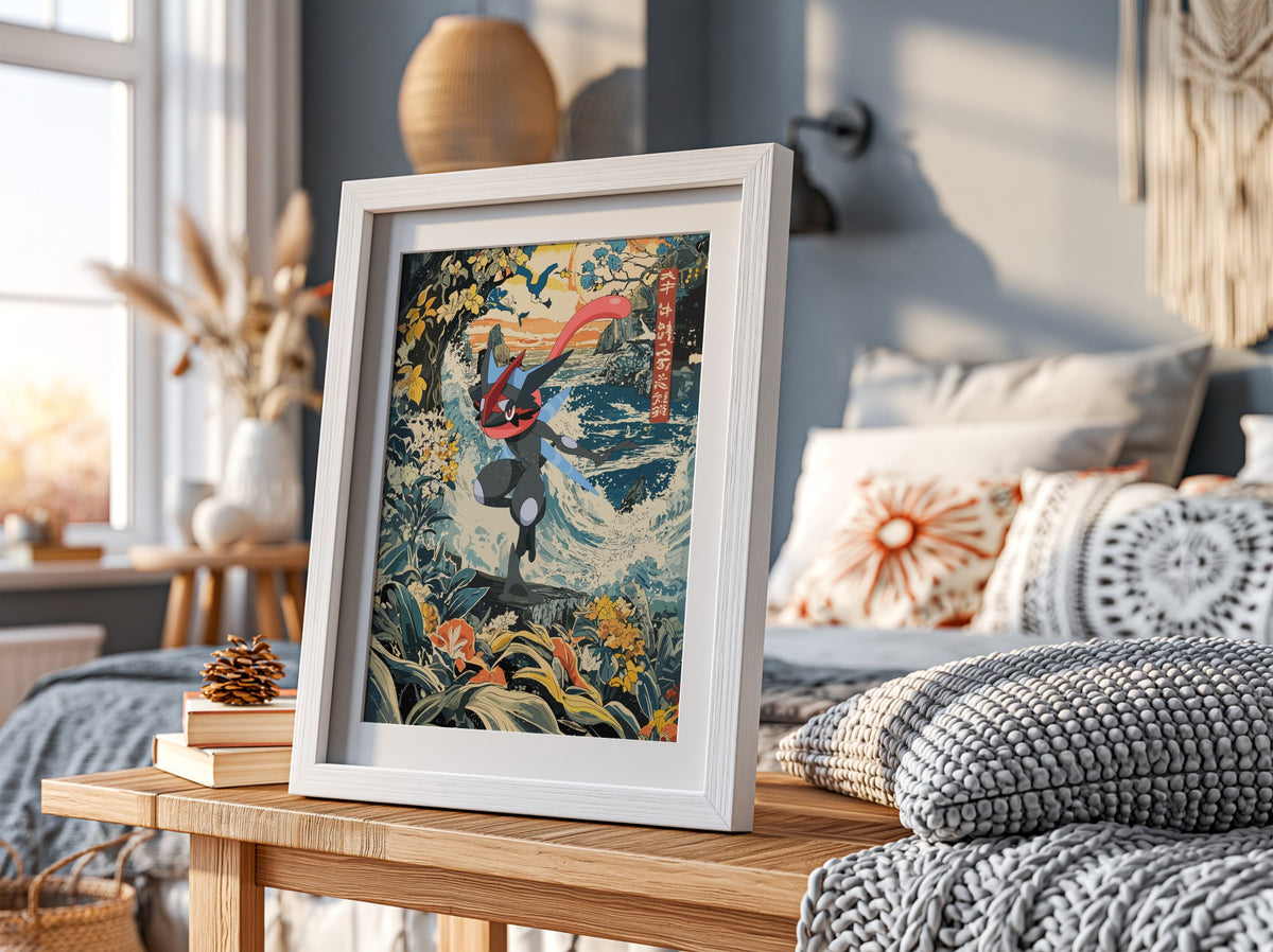 Framed shiny Greninja poster with vibrant blues, orange sunset, ocean waves, and Japanese style art