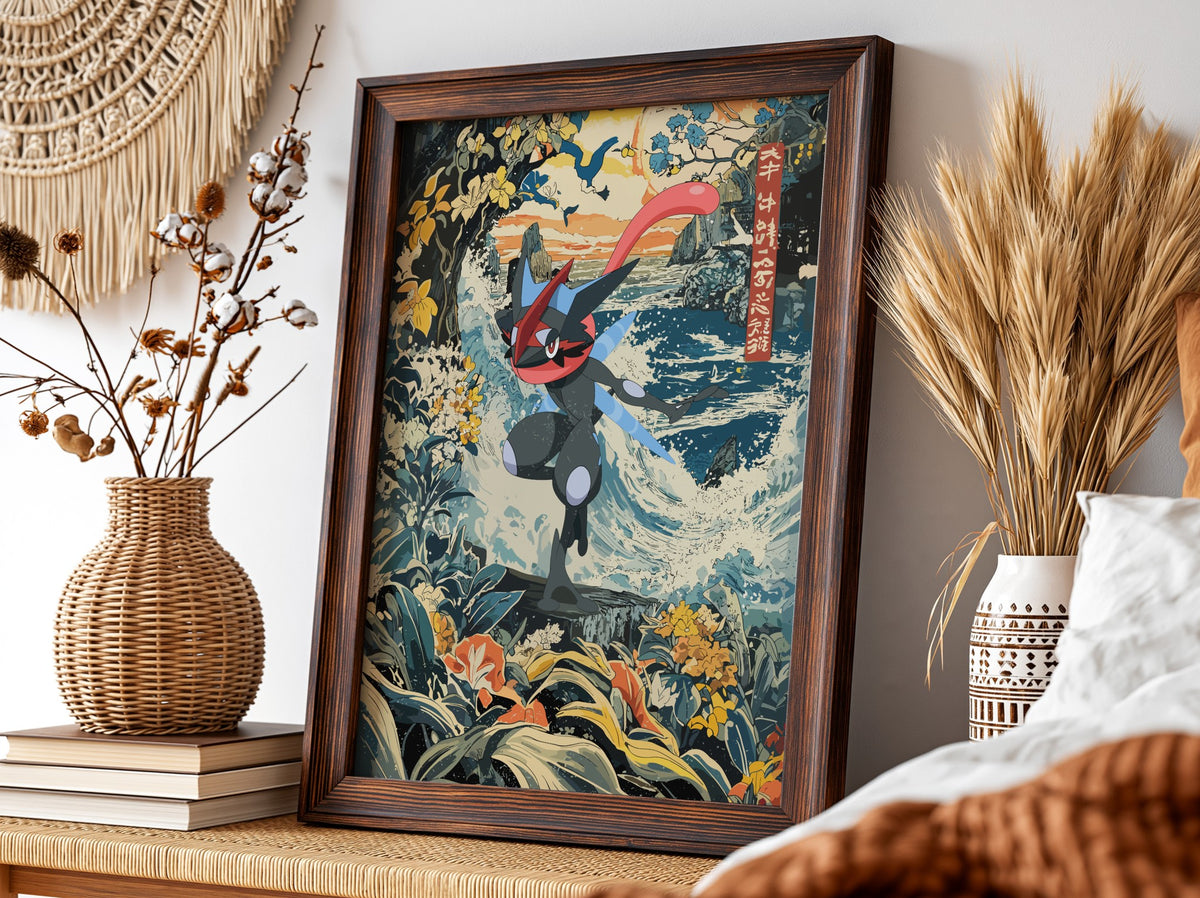 Framed shiny Greninja poster with vibrant blues, orange sunset, ocean waves, and Japanese style art