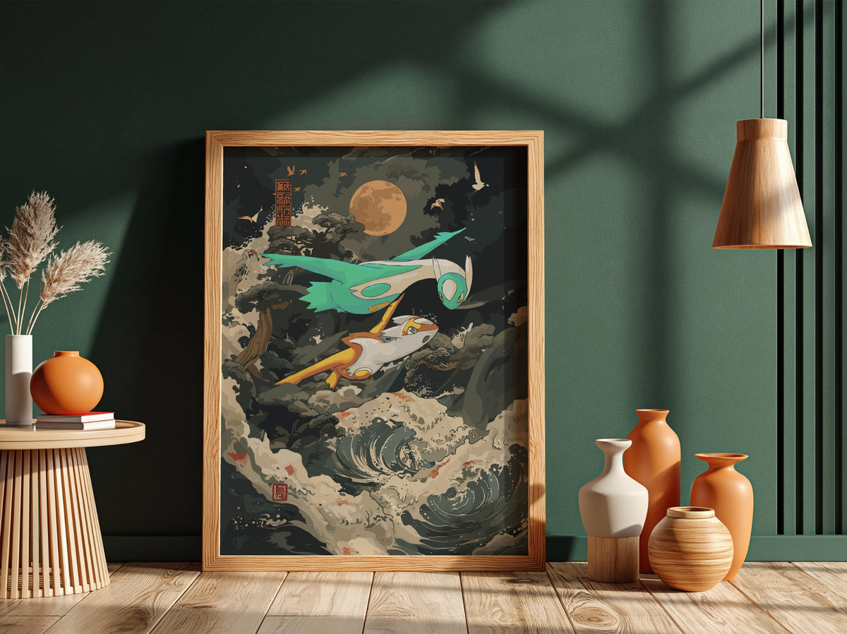 Poster of shiny Latias and Latios flying over stormy sea with moon and swirling clouds