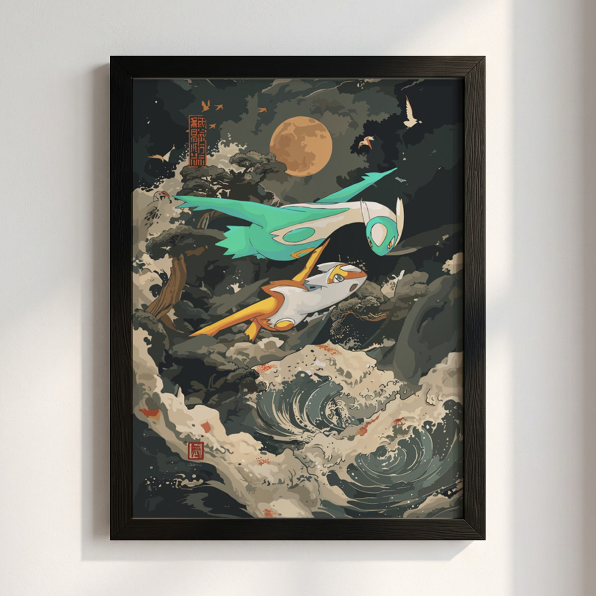 Poster of shiny Latias and Latios flying over stormy sea with moon and swirling clouds