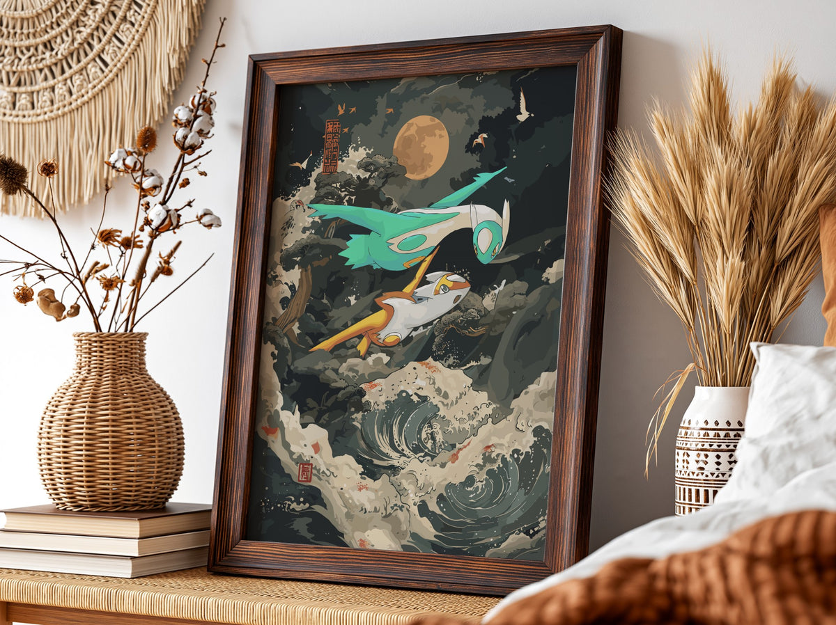 Poster of shiny Latias and Latios flying over stormy sea with moon and swirling clouds