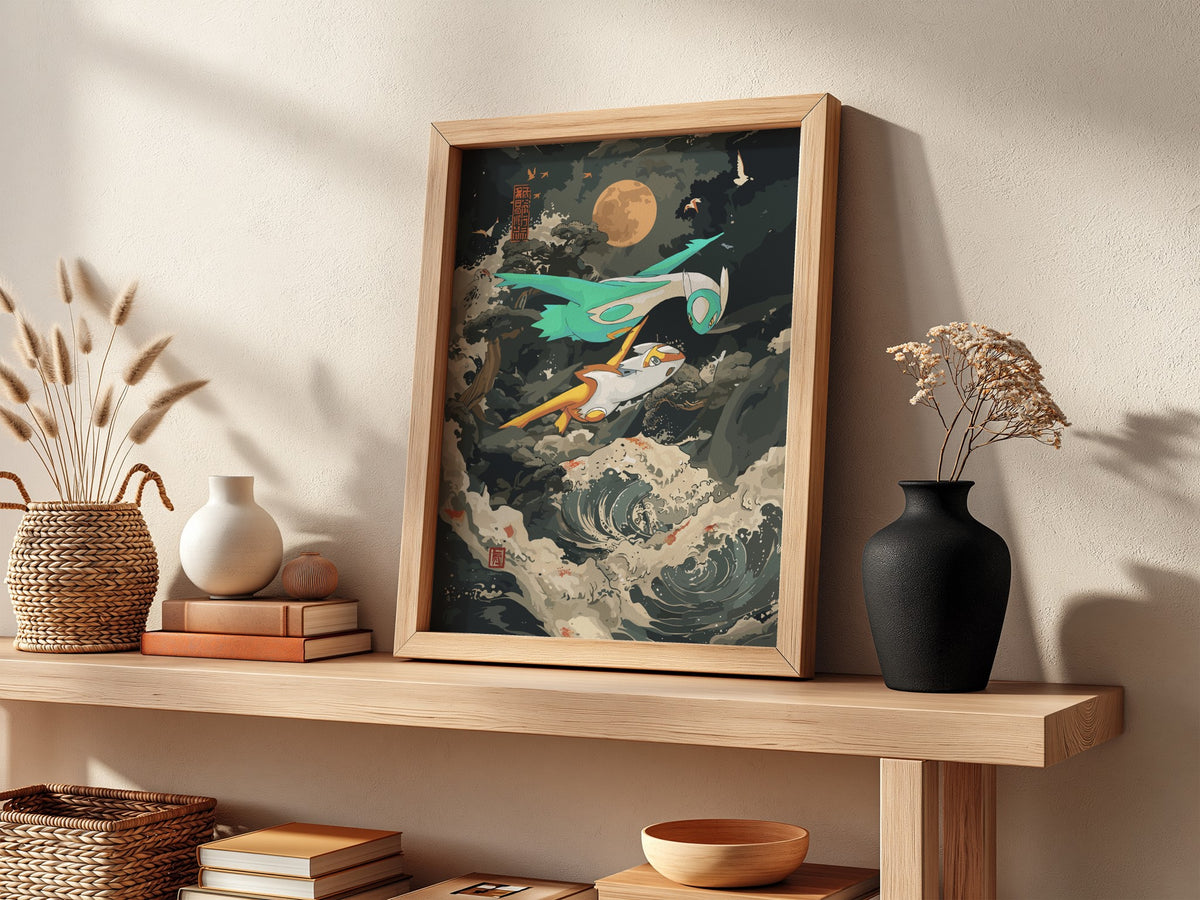 Poster of shiny Latias and Latios flying over stormy sea with moon and swirling clouds