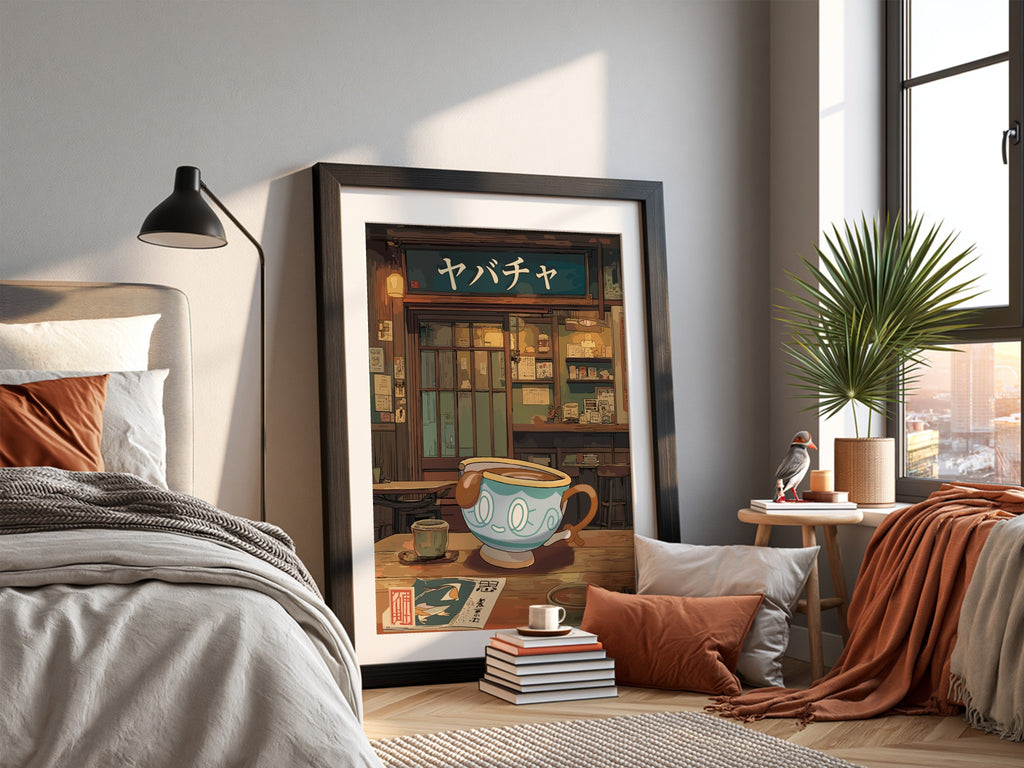 Poster of Sinistea teacup in Japanese tea room with warm tones and detailed interior