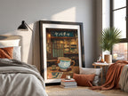 Poster of Sinistea teacup in Japanese tea room with warm tones and detailed interior