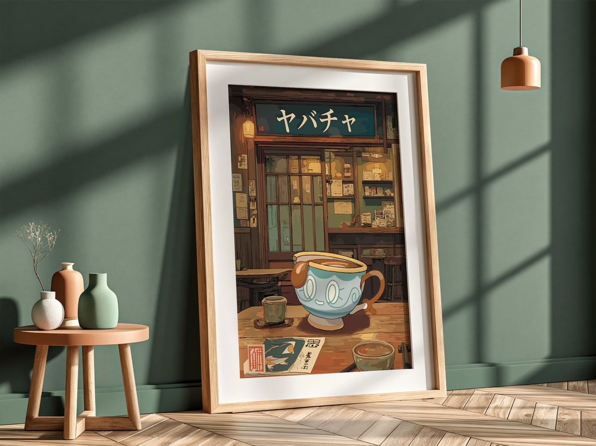 Poster of Sinistea teacup in Japanese tea room with warm tones and detailed interior