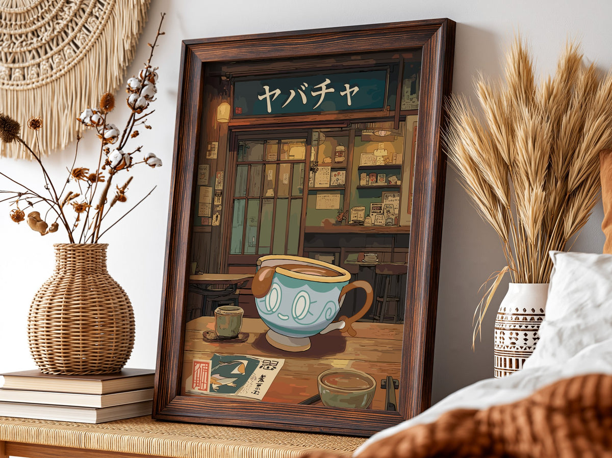 Poster of Sinistea teacup in Japanese tea room with warm tones and detailed interior