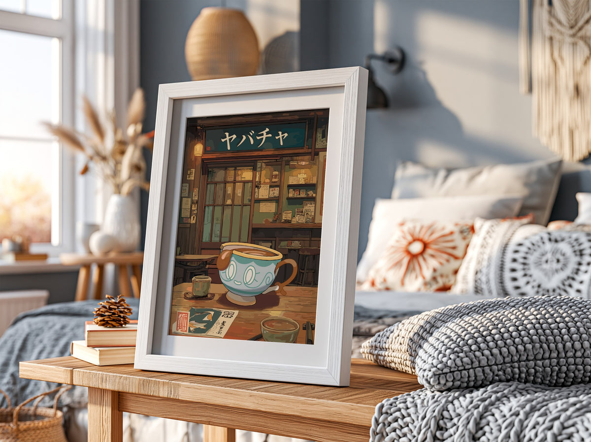 Poster of Sinistea teacup in Japanese tea room with warm tones and detailed interior