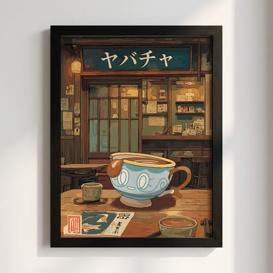 Poster of Sinistea teacup in Japanese tea room with warm tones and detailed interior