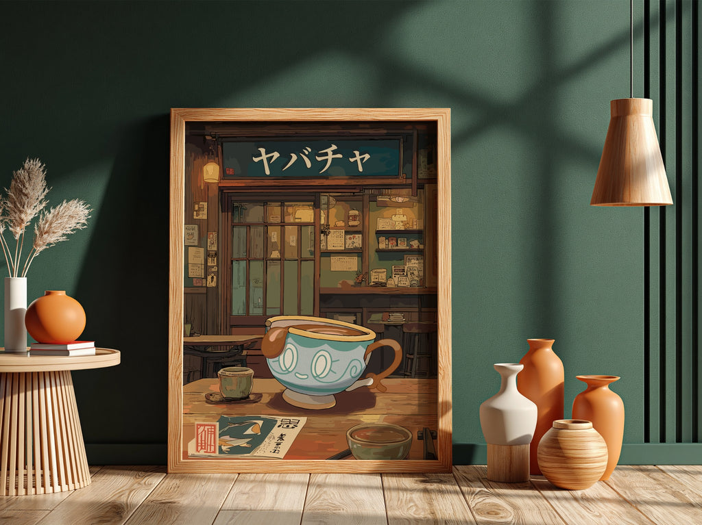 Poster of Sinistea teacup in Japanese tea room with warm tones and detailed interior