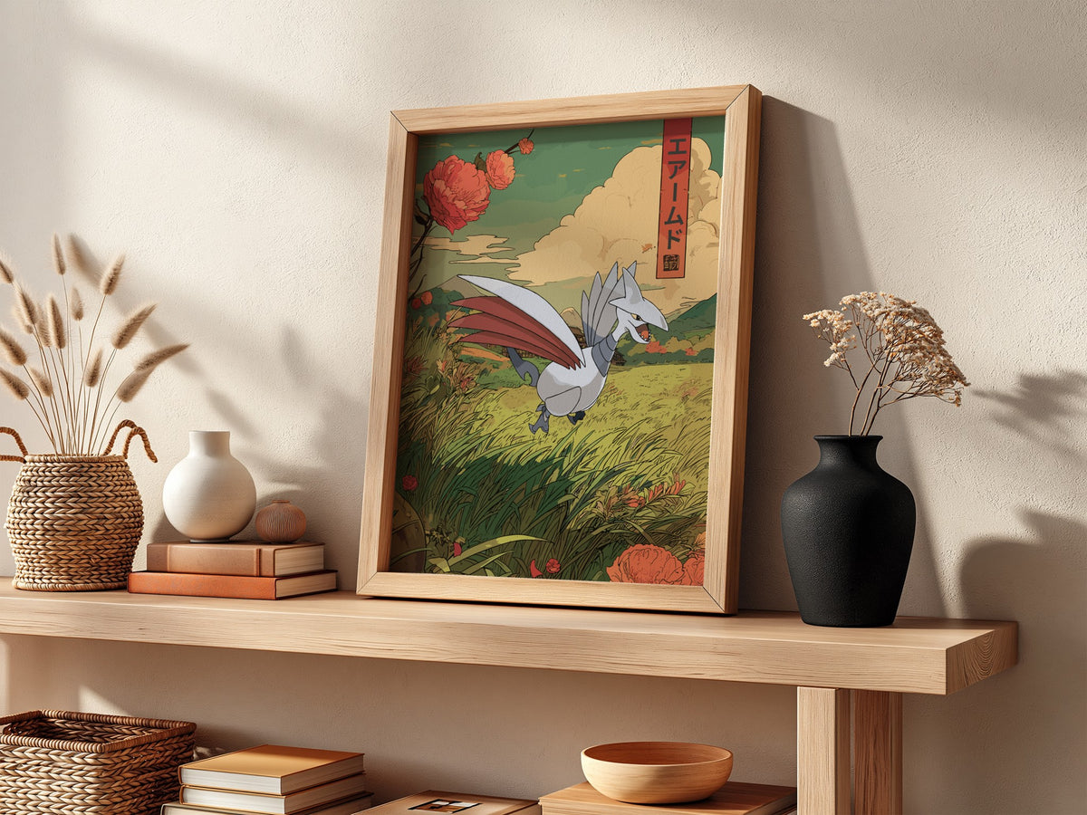 Skarmory illustration poster with green field, red flowers, and Japanese text in muted colors
