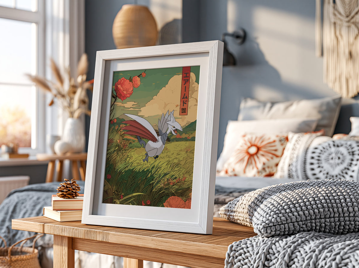 Skarmory illustration poster with green field, red flowers, and Japanese text in muted colors