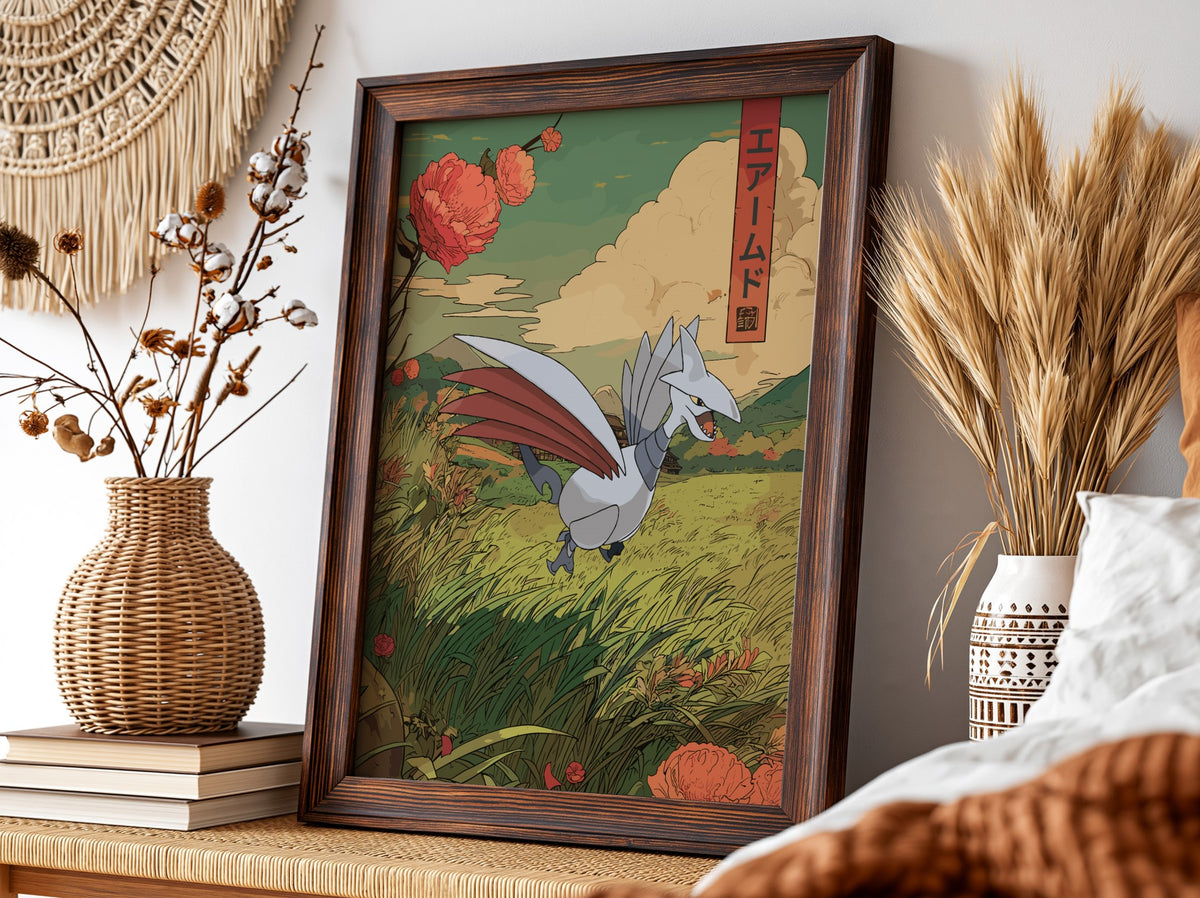 Skarmory illustration poster with green field, red flowers, and Japanese text in muted colors