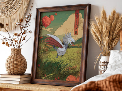 Skarmory illustration poster with green field, red flowers, and Japanese text in muted colors