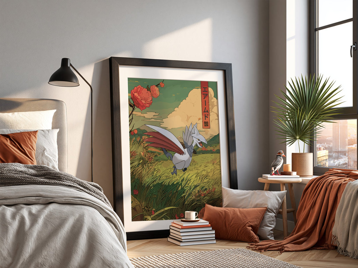 Skarmory illustration poster with green field, red flowers, and Japanese text in muted colors
