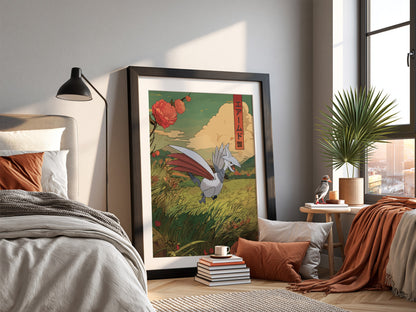 Skarmory illustration poster with green field, red flowers, and Japanese text in muted colors