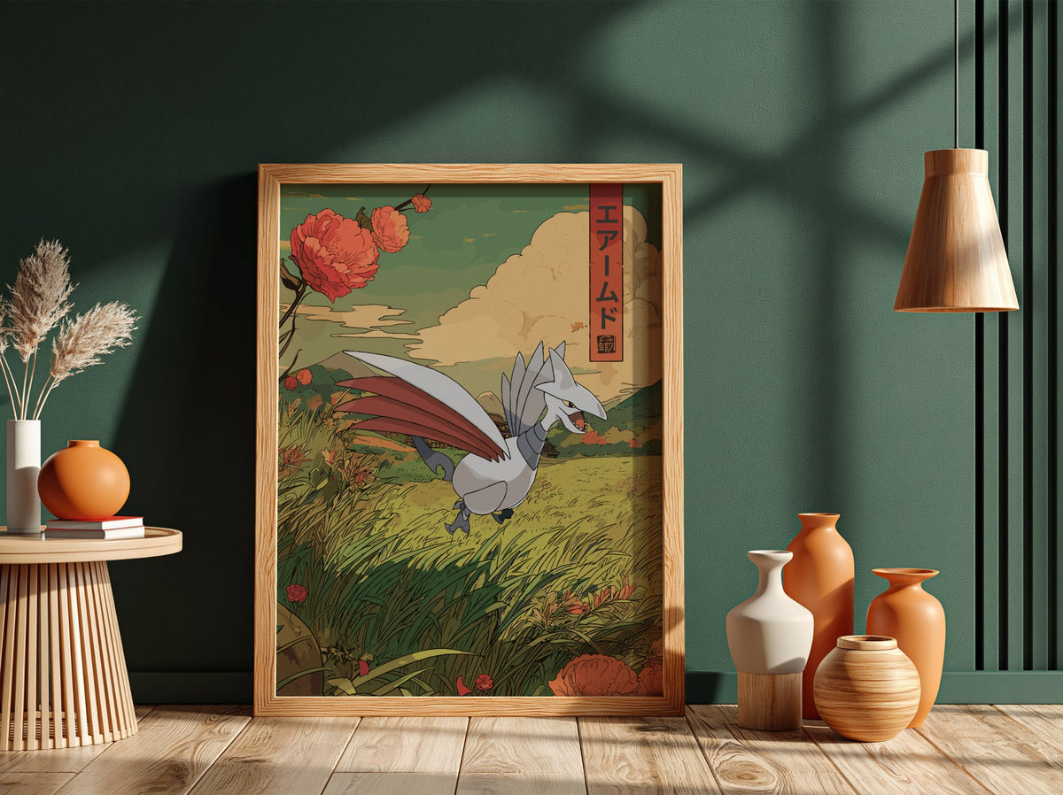 Skarmory illustration poster with green field, red flowers, and Japanese text in muted colors