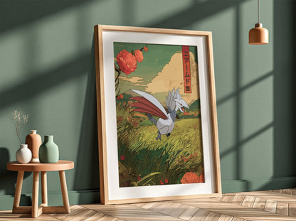 Skarmory illustration poster with green field, red flowers, and Japanese text in muted colors