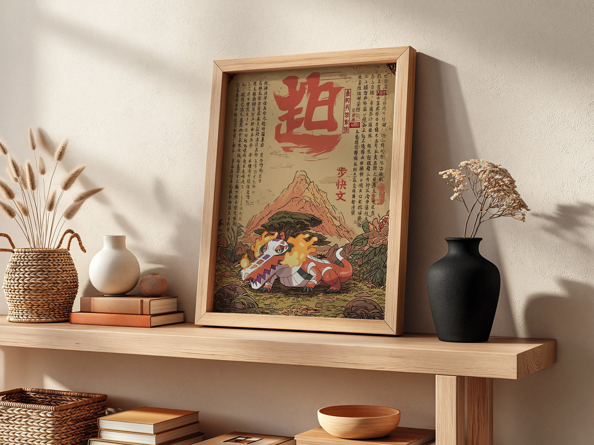 Framed Skeledirge Japanese-style poster with fiery skeletal dragon and bold red calligraphy