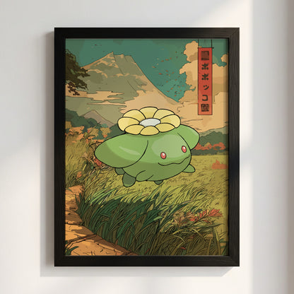 Poster wall decor featuring Skiploom in green with Japanese style, mountain background, and earthy tones