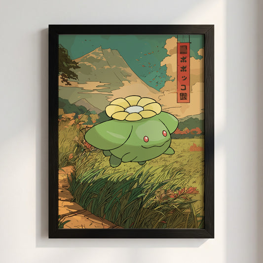 Poster wall decor featuring Skiploom in green with Japanese style, mountain background, and earthy tones