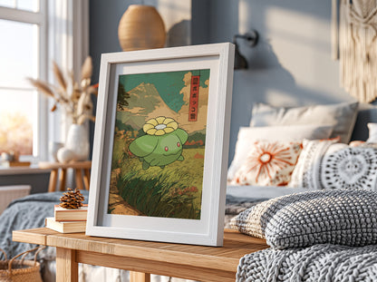 Poster wall decor featuring Skiploom in green with Japanese style, mountain background, and earthy tones