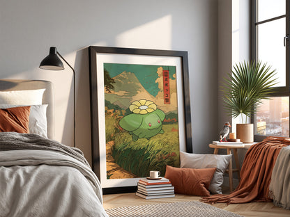 Poster wall decor featuring Skiploom in green with Japanese style, mountain background, and earthy tones