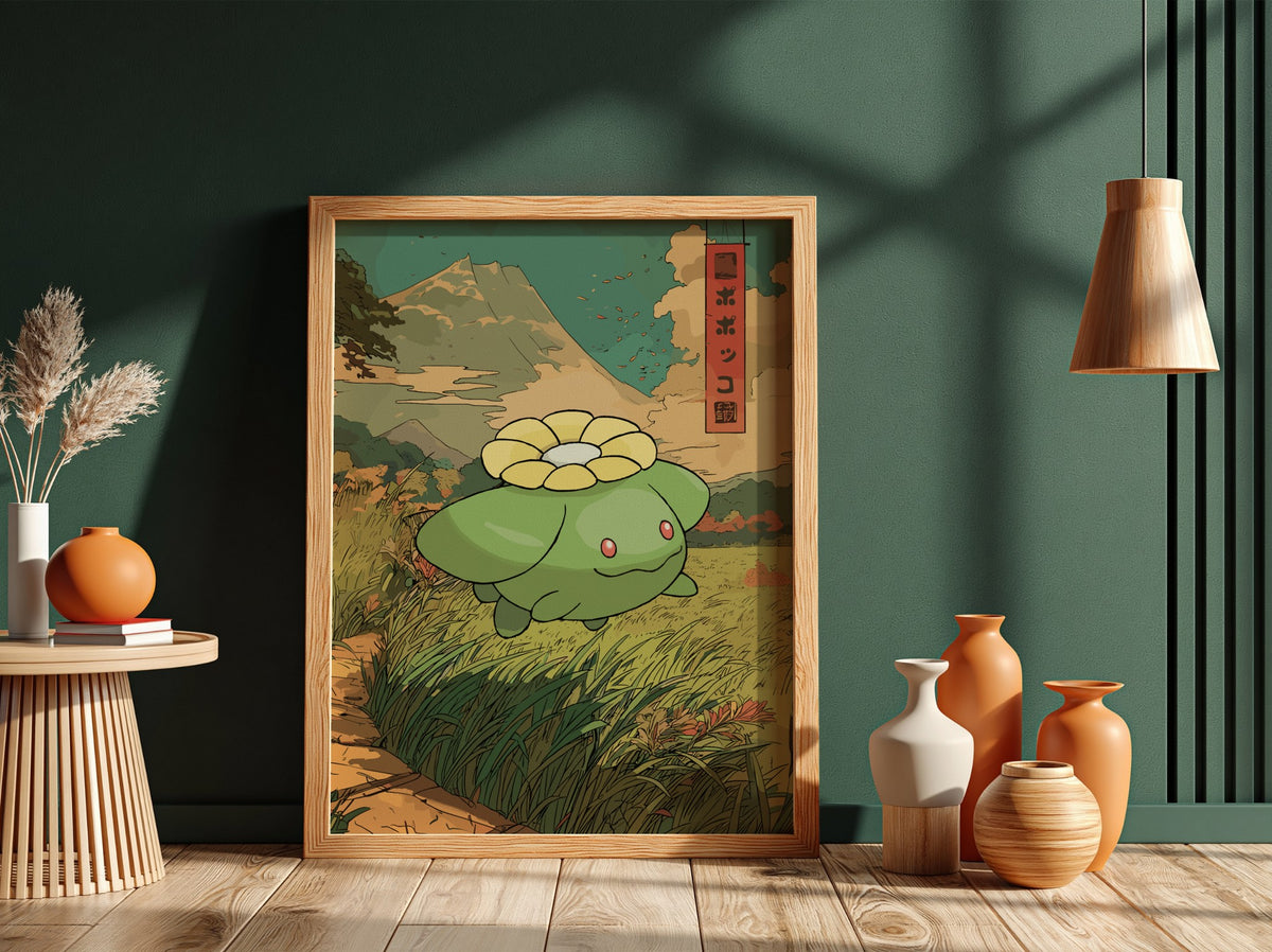 Poster wall decor featuring Skiploom in green with Japanese style, mountain background, and earthy tones